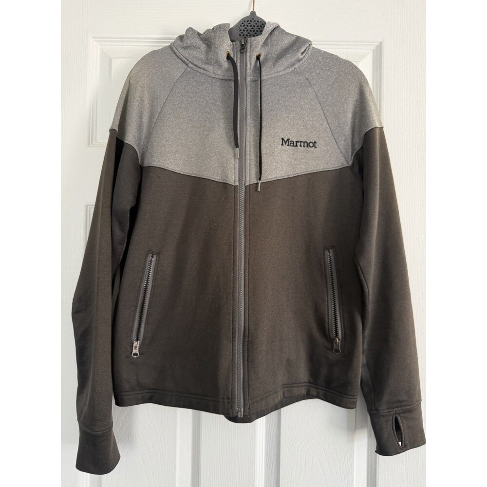 Marmot Women’s Small Brown Gray Full Zip Hooded Jacket Fleece Thumbholes